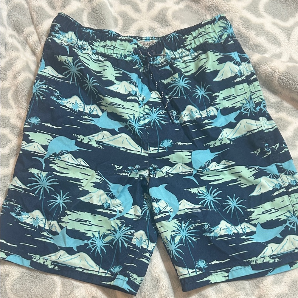 Boys Navy Blue Tropical Print Swim Trunks